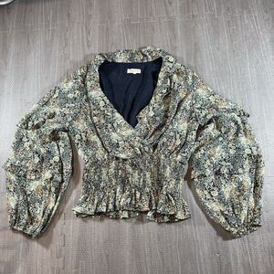 Mainstrip Blouse With Cinched Waist Puffy Sleeve Teal And Gold Flowers Med